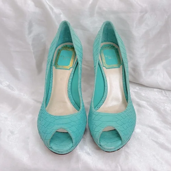 Dior Turquoise Python Embossed Leather Peep-Toe Pumps - Picture 3 of 12